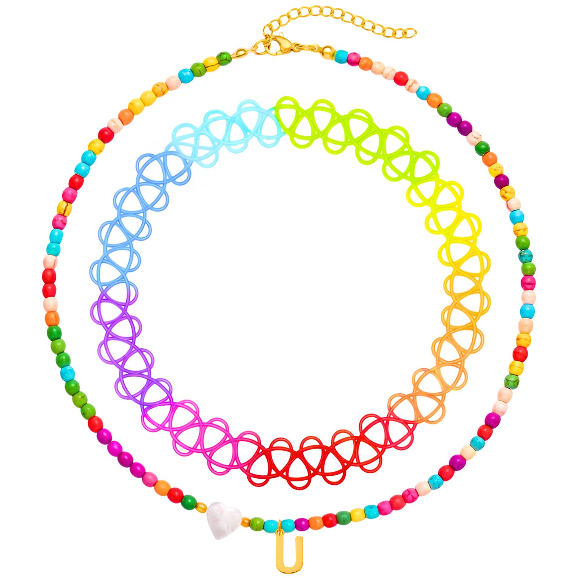 BodyJ4You 2PC Choker Initial Necklace for Kids - Letter U Pendant Heart Charm Goldtone Y2K Boho Beaded Collar - Personalized Gift Teen Girl Jewelry Children Jewelry - Beach Vacation Summer Accessories