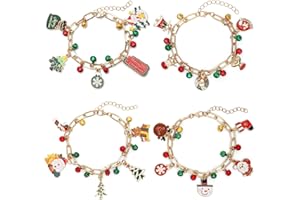 MAKIOTEKO 4 pack Christmas Bracelet for Women, Jingle bells Bracelet Charm Santa Claus Snowflakes Reindeer Christmas Tree Alloy Drop Bracelet Xmas Party Costume Jewelry Accessories Gift