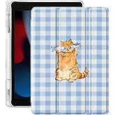 Idocolors Cute Funny Animal Case for 10.2-Inch iPad 2019/2020/2021(7th/8th/9th Gen), Built-in Pencil Holder with Soft TPU Clear Back Shell, Auto Wake/Sleep, Happy Orange Cat
