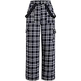 WDIRARA Women's Tartan Plaid Print Elastic Waist Pants Grunge Straight Leg Pants Trousers