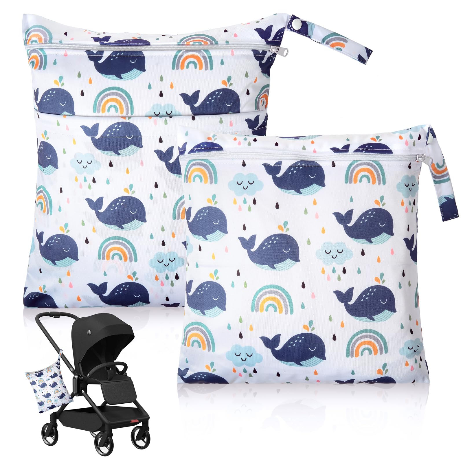 Morocket 2 Packs Wet Bag, Waterproof Nappy Pouch, Reusable Baby Wet Dry Bag, Wet Swimsuit Bag with Zipper, Travel Wet Clothes Bag for Swimming Beach Gym Camping Travel (Rainbow + White)