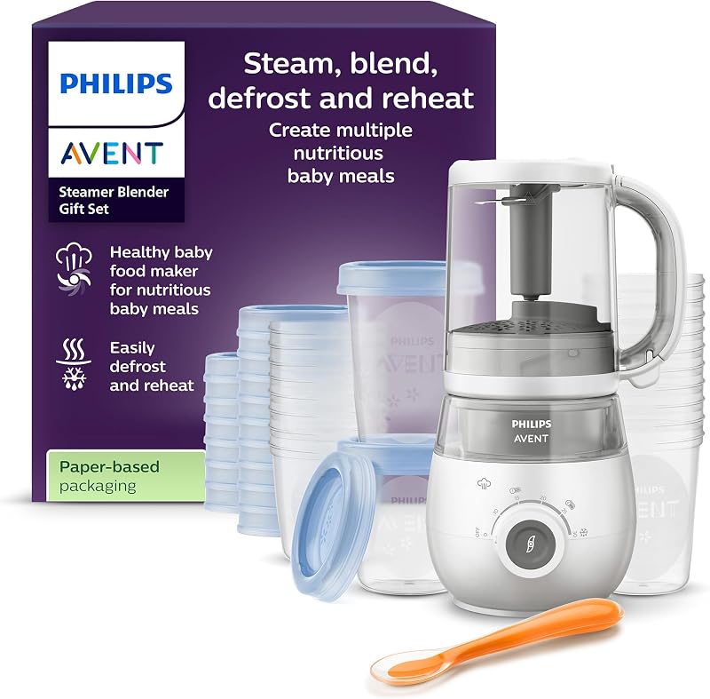 Philips Avent Steamer Blender Gift Set - EasyPappa 4 in 1, cuoci a vapore, frulla, scongela e riscalda facilmente le pappe, con vasetti e coperchi, SCF883/20
