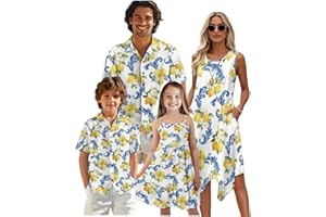Frymappies Matching Hawaiian Outfits for Family Casual Button Down Shirt Dad and Son Summer Dresses