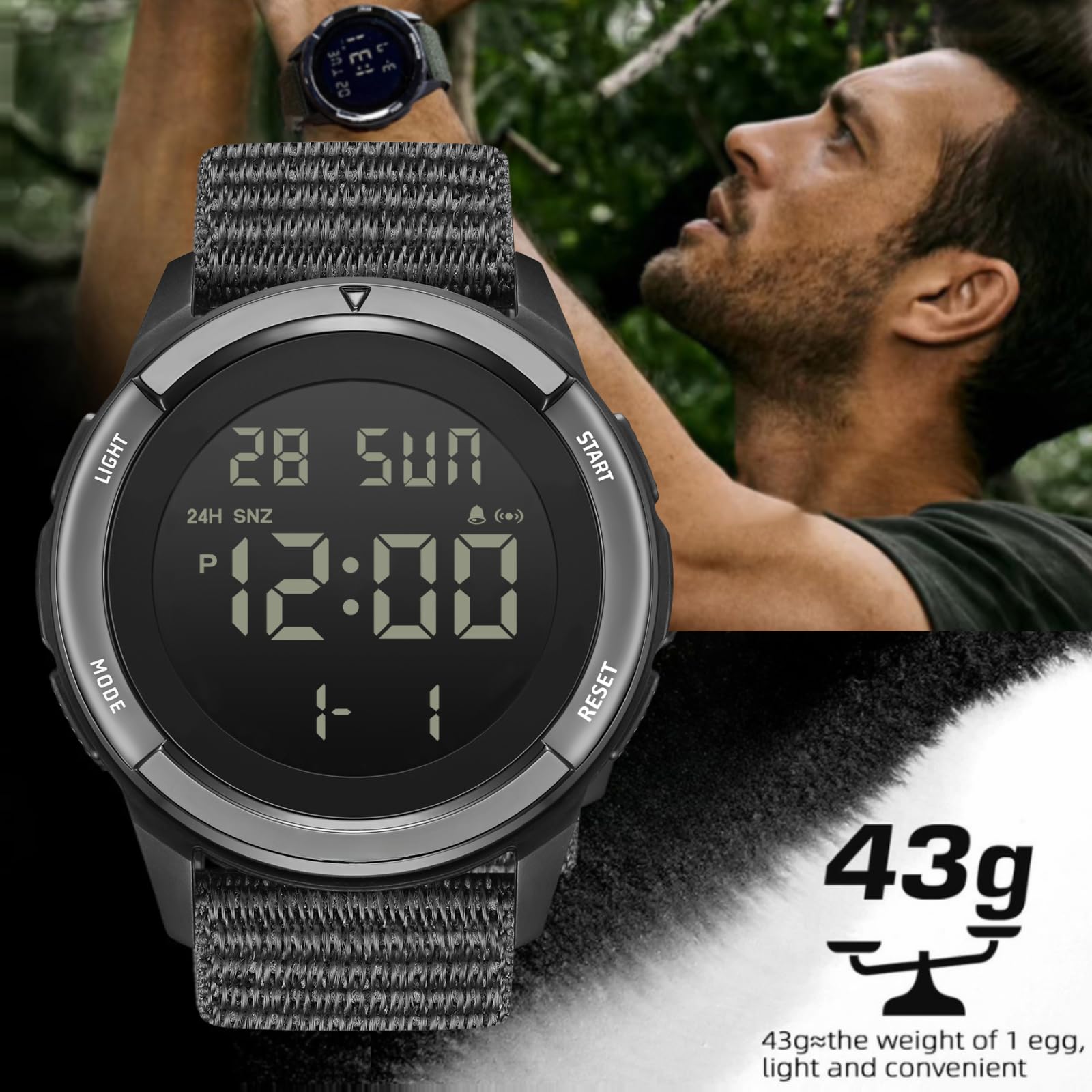 Digital Watch Military Watches for Men Black Tactical Sports Waterproof Men's Women's Wrist Watch with LED Backlight Nylon Band Stopwatch,Green