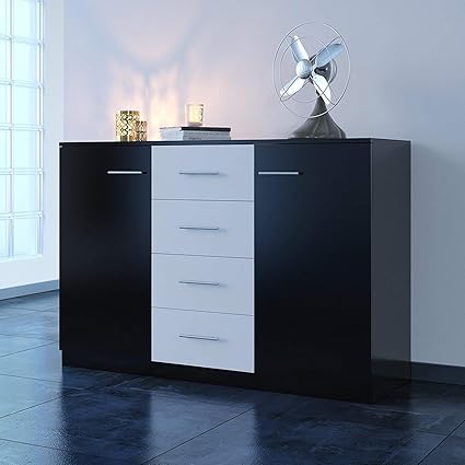 Home Source Sideboard Black White Large Cupboard 2 Door 4 Drawer