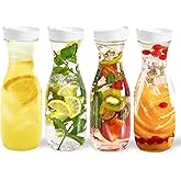 DilaBee Plastic Pitcher With Lid (4-Pack, 32oz) Round Plastic Beverage Dispenser for Water, Juice, Iced Tea - Water Pitchers, Carafes for Mimosa Bar - Clear Drink Dispenser BPA-Free - HAND-WASH ONLY