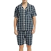 Vulcanodon Mens Cotton Pajama Set Short Sleeve, Button Down Pajama Set for Men Lightweight Men's Sleepwear