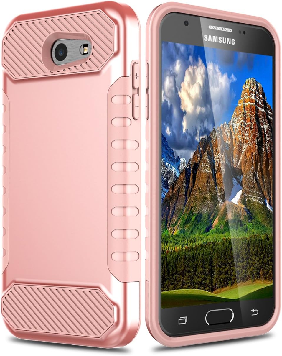 Samsung J7 Case, Galaxy J7 V Case, Samsung J7 Prime Case, Galaxy J7 Sky Pro Case, J7 Perx Case, AMENQ Slim Hybrid Dual Layer Gel Silicone Body Protective Rubber Protective Armor Case Cover (Rose Gold)