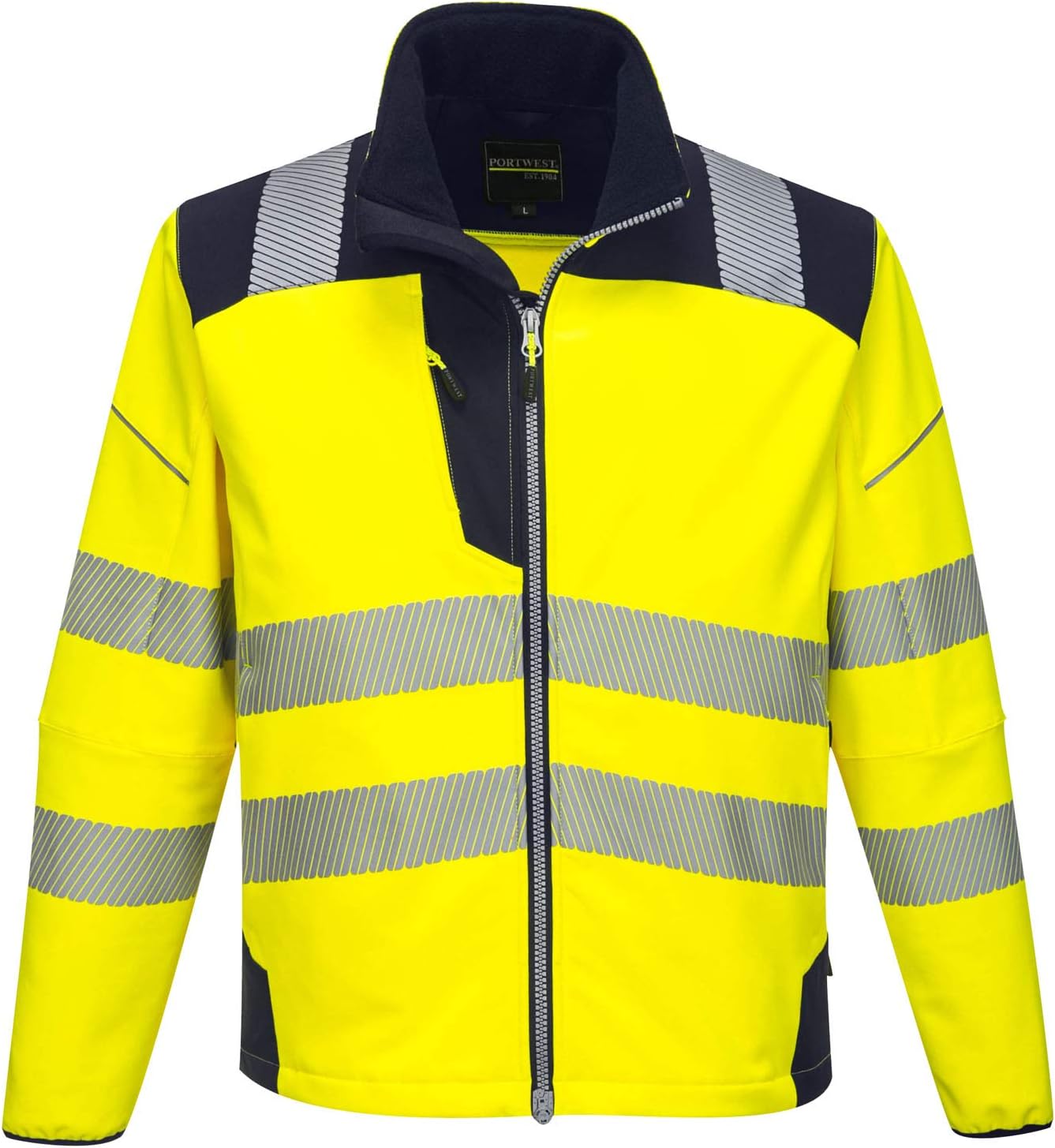 Portwest T402 Men's PW3 Hi Vis Safety Jacket - Windproof Water Resistant High Visibility Reflective Softshell Jacket Yellow/Navy, Large