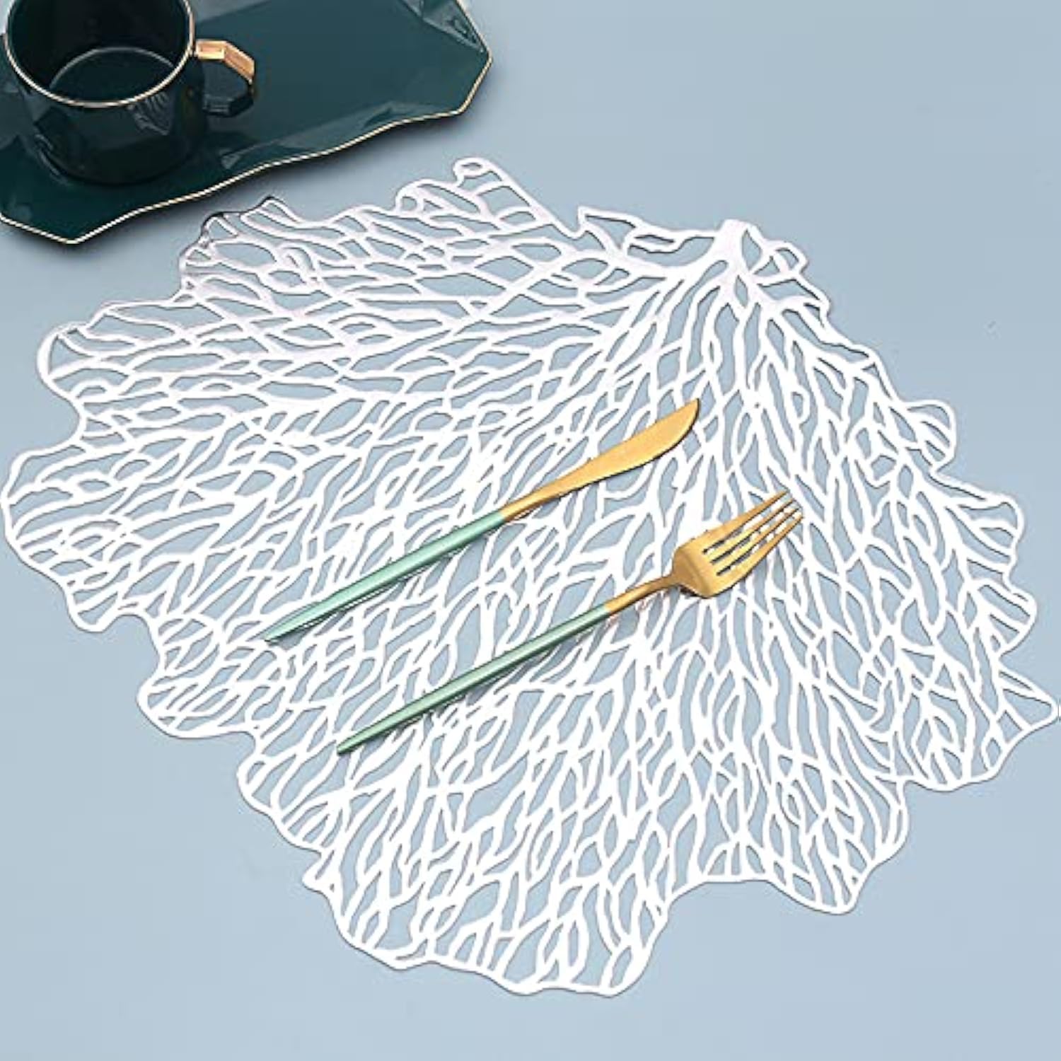 Hosoncovy 4 Pack Decorative Coral Leaf Placemats PVC Placemats Hollow Dining Table Place Mats Heat Resistant Non-slip Dining Placemats Table Mats for Home Kitchen (Silver)