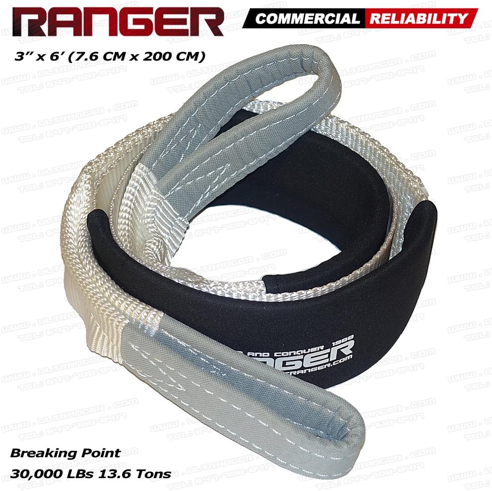 Ranger 3" x 6' Tree Saver Strap for Tow Winch Recovery Heavy Duty with Reinforced Loops + Protective Sleeves 30,000 lb Breaking Capacity 13.6 Tons: Automotive