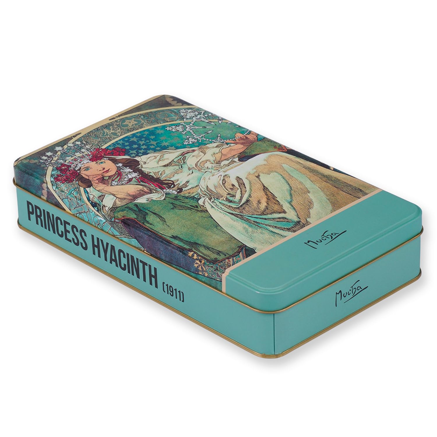 NOTIQUE Tin With Lid, Nostalgic Art Box, Biscuit Storage Jar for Small Items - Collection Herbarium (Alfons Mucha - Princess Hyacinth)
