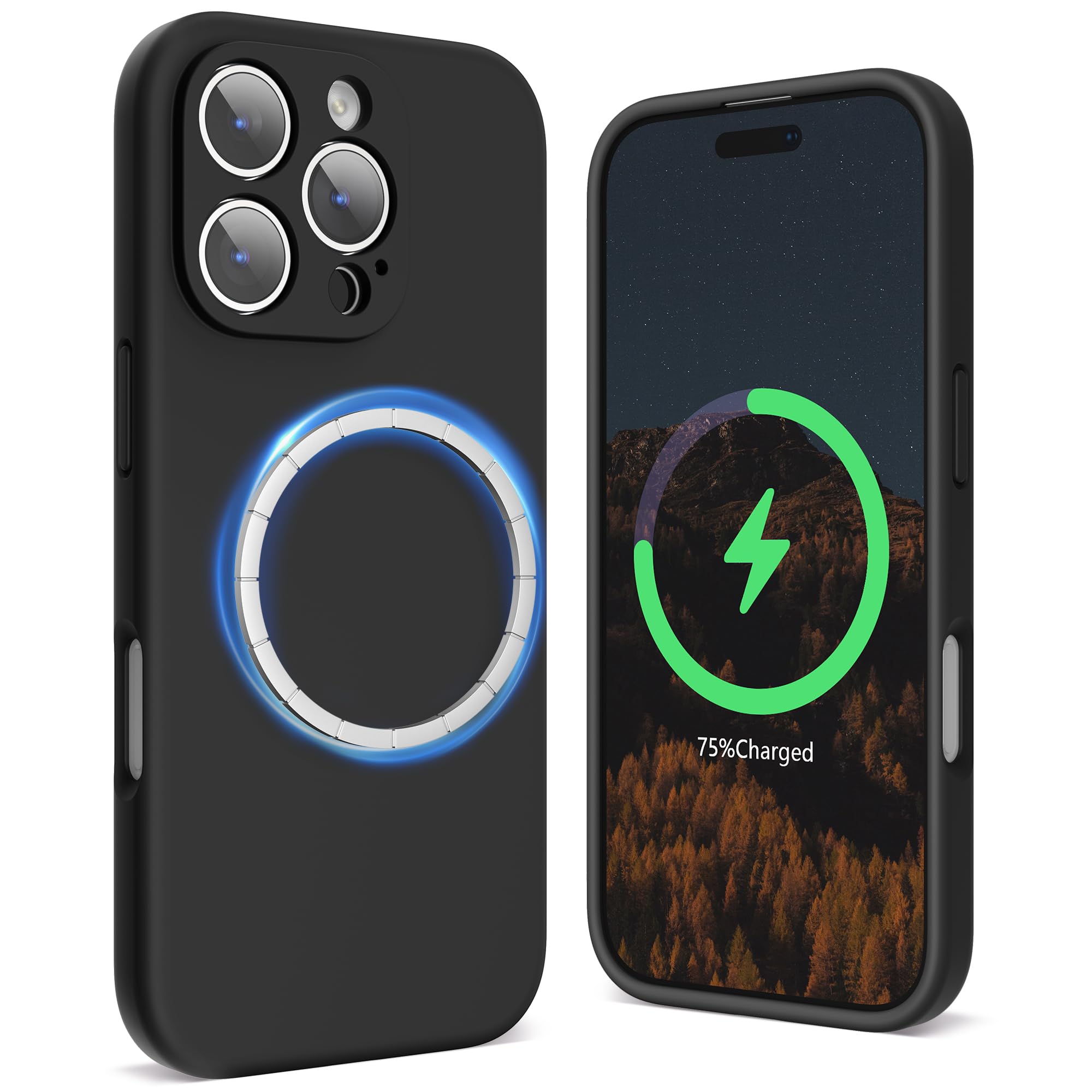 SURPHY Magnetic Design for iPhone 16 Pro Case, Liquid Silicone Protection for Each Lens Shockproof Gel Rubber Phone Case for iPhone 16 Pro 6.3 inch 2024, Black