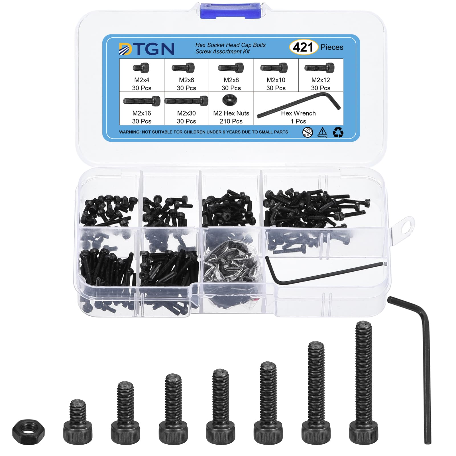DTGN 420Pcs Metric Screw Assortment, M2 Bolts and Nuts Kit, 12.9 Grade Steel M2x4/6/8/10/12/16/20mm Hex Socket Head Cap Screws Bolt Set With Wrench