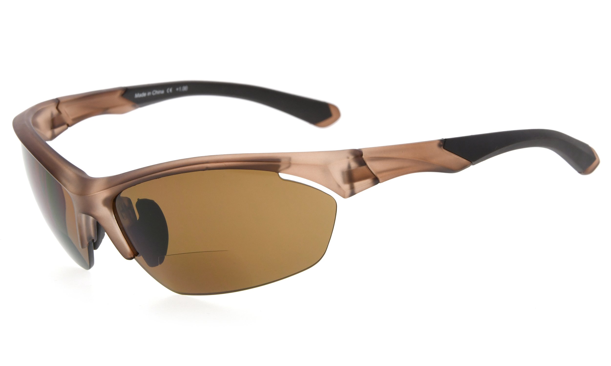 Eyekepper TR90 Sports Bifocal Sunglasses Baseball Running Fishing Driving Golf Softball Hiking Half-Rimless Reading Glasses (Matte Brown, 1.00)