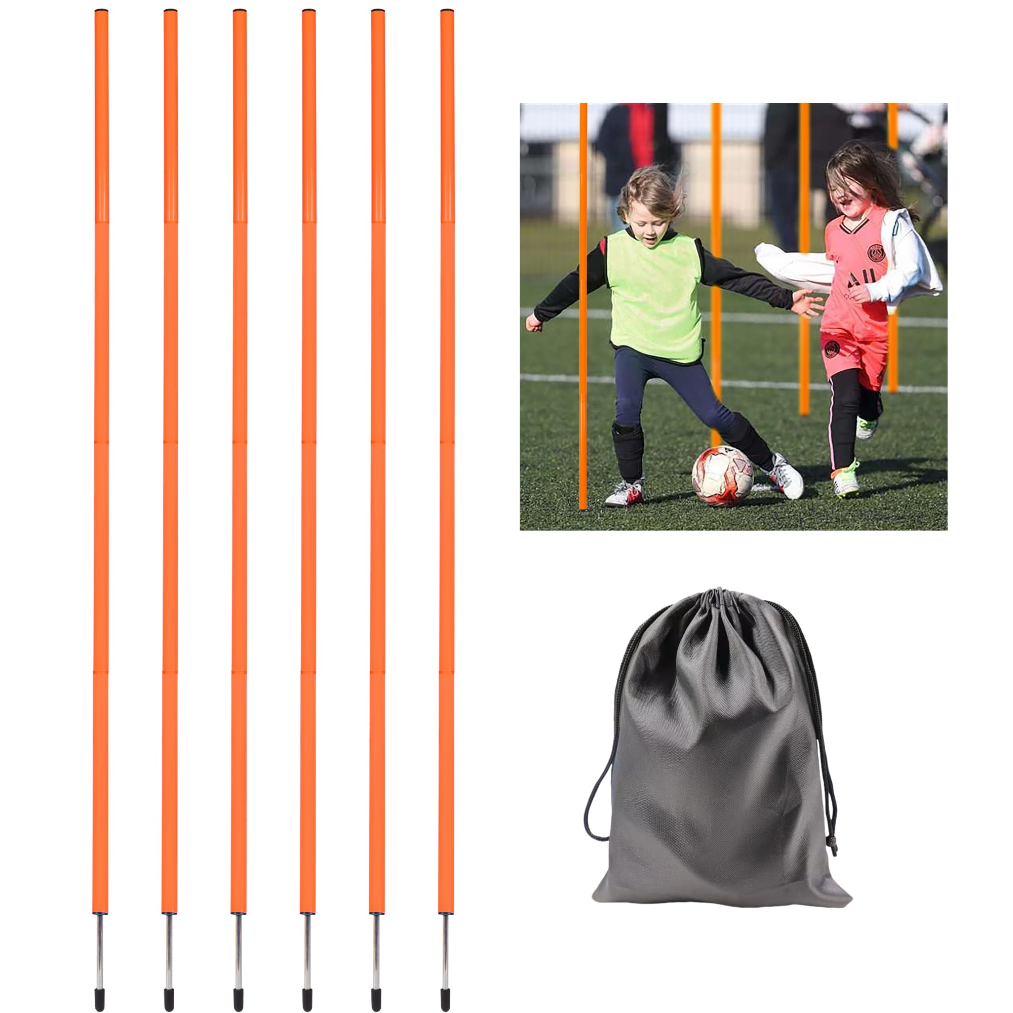 6 Pcs 5FT Agility Training Poles for Soccer,Basketball,Football,Dog,Horse Adjustable Training-Speed and Agility Training Equipment Sports Training Sticks with Stainless Steel Ground Nails(Orange)