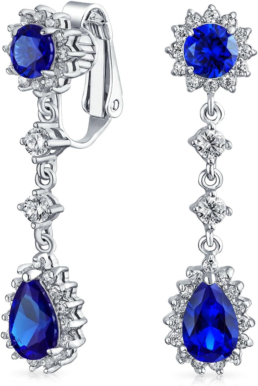 Vintage Style Bridal Simulated Gemstone Statement Pave Crown Halo Cubic Zirconia AAA CZ Long Dangling Oval Teardrop Chandelier Clip On Earrings For Women Non-Pierced