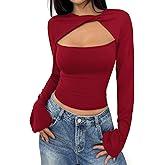 AEQUEM Women's Cut Out Long Sleeve Shirts Slim Fit Cropped Crewneck Crop Tops 2025 Fashion Clothes