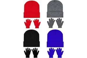 8 Pack Kids Winter Beanie Hats and Gloves Set Winter Knit Beanie Hats and Full Fingers Gloves for Boys Girls