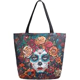 ZzWwR Chic Extra Large Shoulder Grocery Tote Bag, Chic Day of The Dead Sugar Skull Canvas Reusable Handle Bags for Men Women Gym Weekender Picnic Beach Travel Home Storage Market Shopping