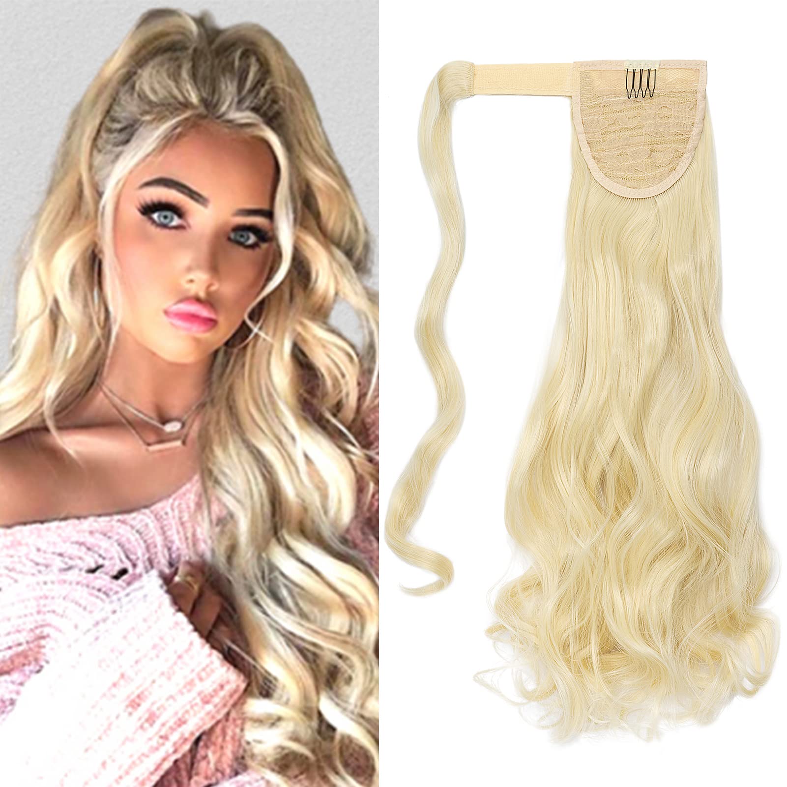 Hair Extensions Wrap Around Ponytail Clip in Pony Tail One Piece Long Natural Bleach Blonde Extension Curly Wavy Wrap Hairpiece Look Synthetic for Women