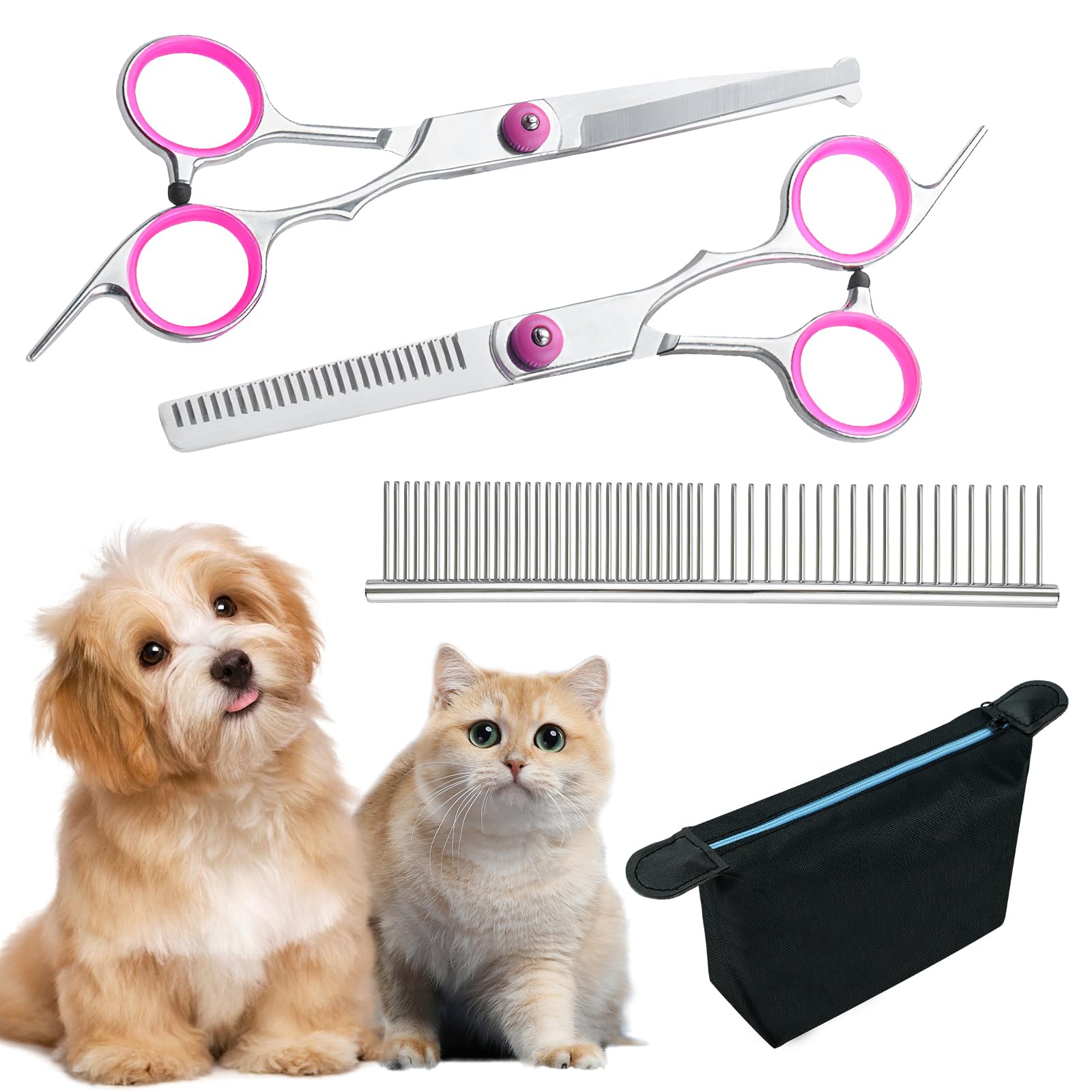 4-Piece Dog Grooming Scissors Set - Curved & Straight, Safety Round Tip, Stainless Steel, Professional Pet Scissors with Storage Bag