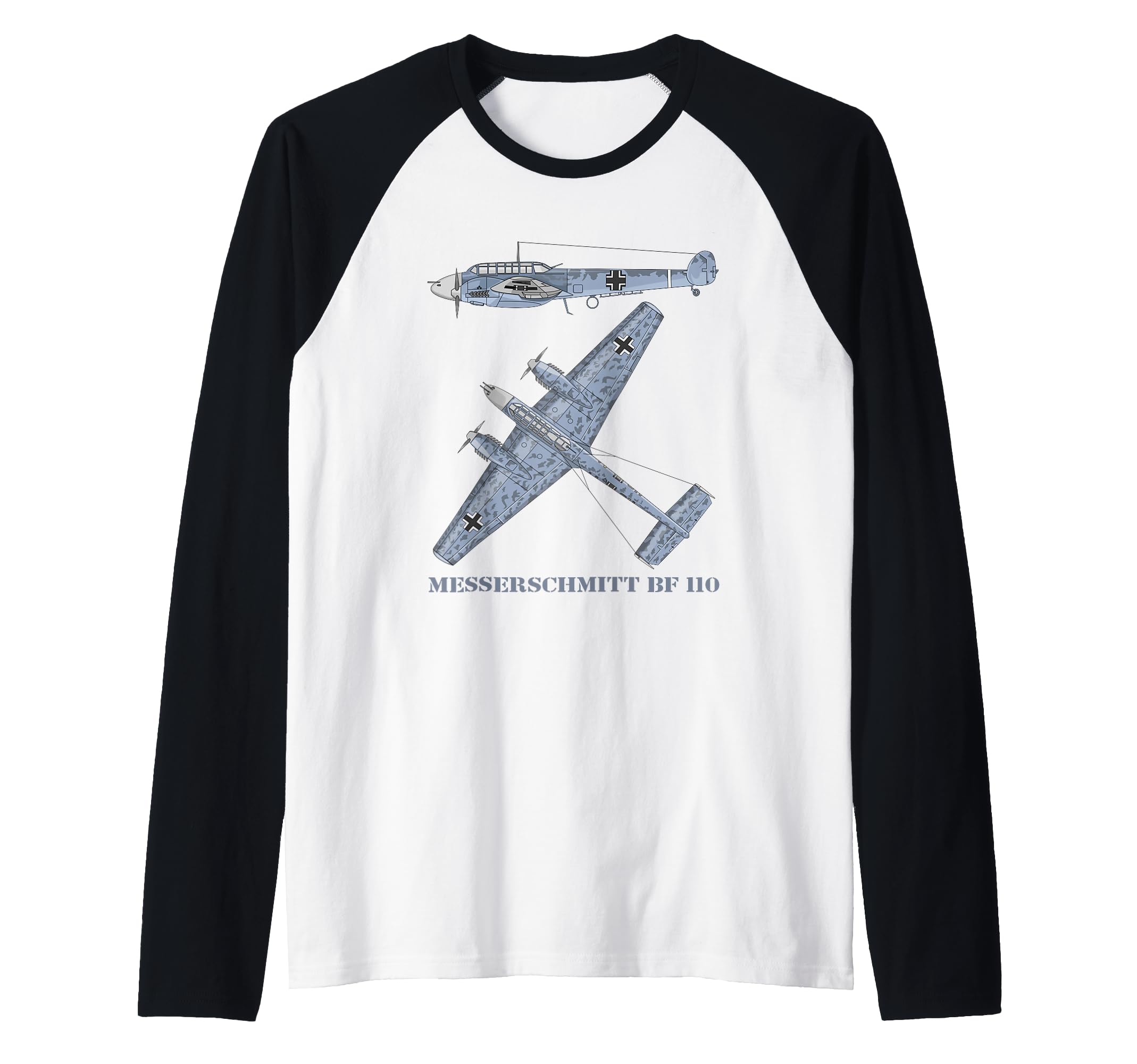 Messerschmitt Bf 110 German WW2 Fighter Bomber Plane Diagram Raglan Baseball Tee