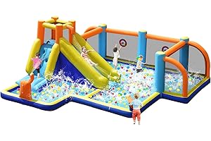 HONEY JOY Inflatable Water Slide, Giant Soccer Water Park Bounce House w/Goals for Outdoor, Splash Pool, Climbing, Blow Up Water Slides Inflatables for Kids and Adults Backyard(Without Blower)