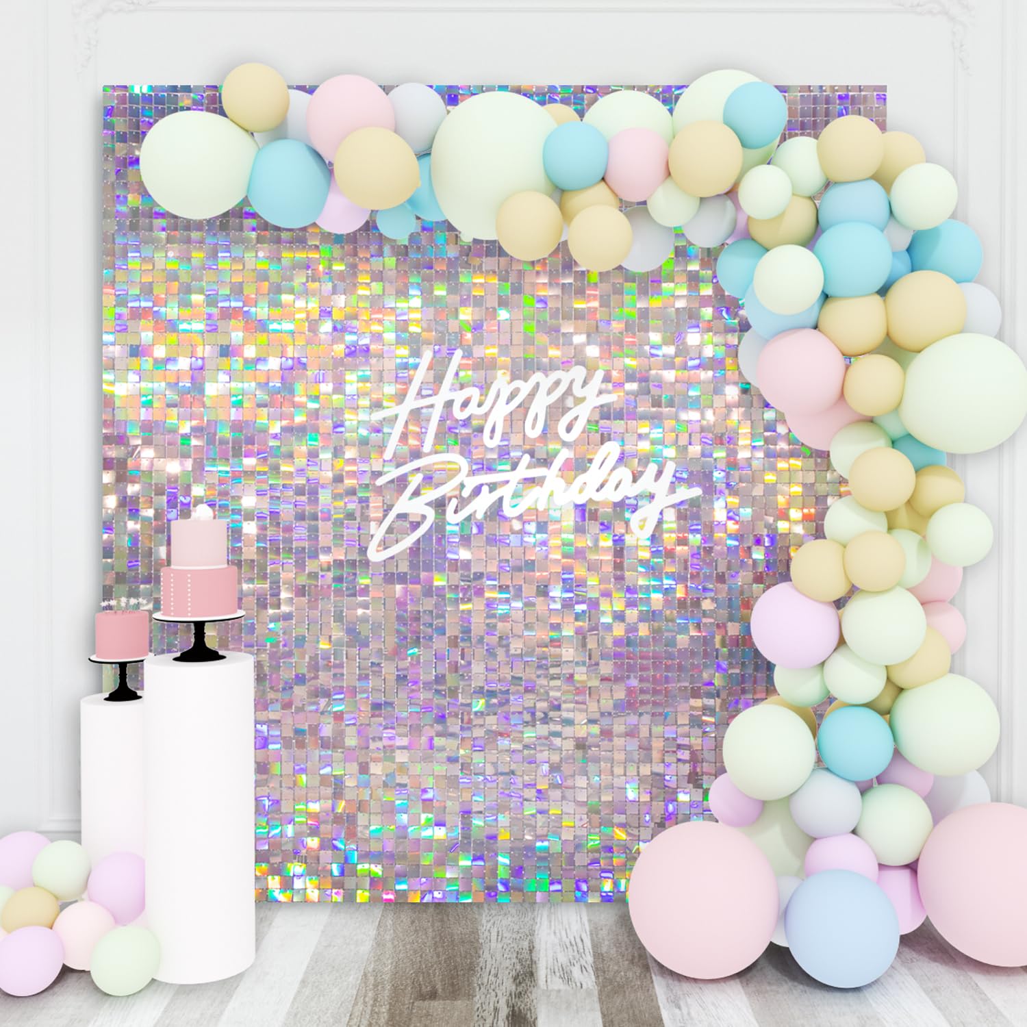 View 1 of Shimmer Wall Backdrop Silver Iridescent Square Sequin Wall Panel Backdrop Decor for Wedding, Anniversary, Birthday, Party, 36 Panels
