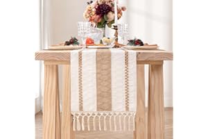 DeZerlor Macrame Table Runner 12 x 90 Inches Boho Farmhouse Table Runner with Tassels Cotton Linen Woven for Spring Dining Table Home Decor, Beige & Brown