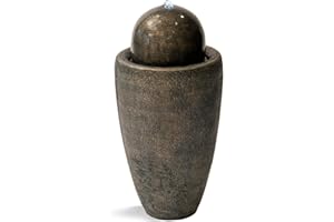 XBrand 25.98" H Brown Round Stone Indoor/Outdoor Modern Sphere Water Fountain w/LED Lights – Ball Bubbling Fountain Décor for Garden, Patio, or Tabletop