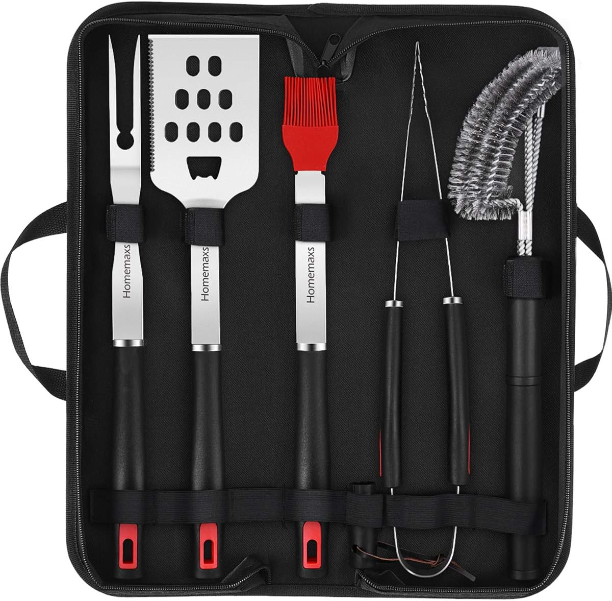 Homemaxs Grill Tools, BBQ Tools Set 5pcs with Case for Men, Stainless Steel Heavy Duty Barbecue Grilling Accessories Utensils Kit with Tong, Grill Cleaning Brush, Spatula, Fork, Basting Brush : Garden & Outdoor