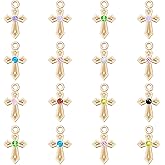 MESARCH 100Pcs 10 Colors Metal Crystal Rhinestone Mini Cross Charms Small Diamond Crucifix Pendant Beads for Diy Rosary Necklace Bracelet Earring Keychain Jewelry Making