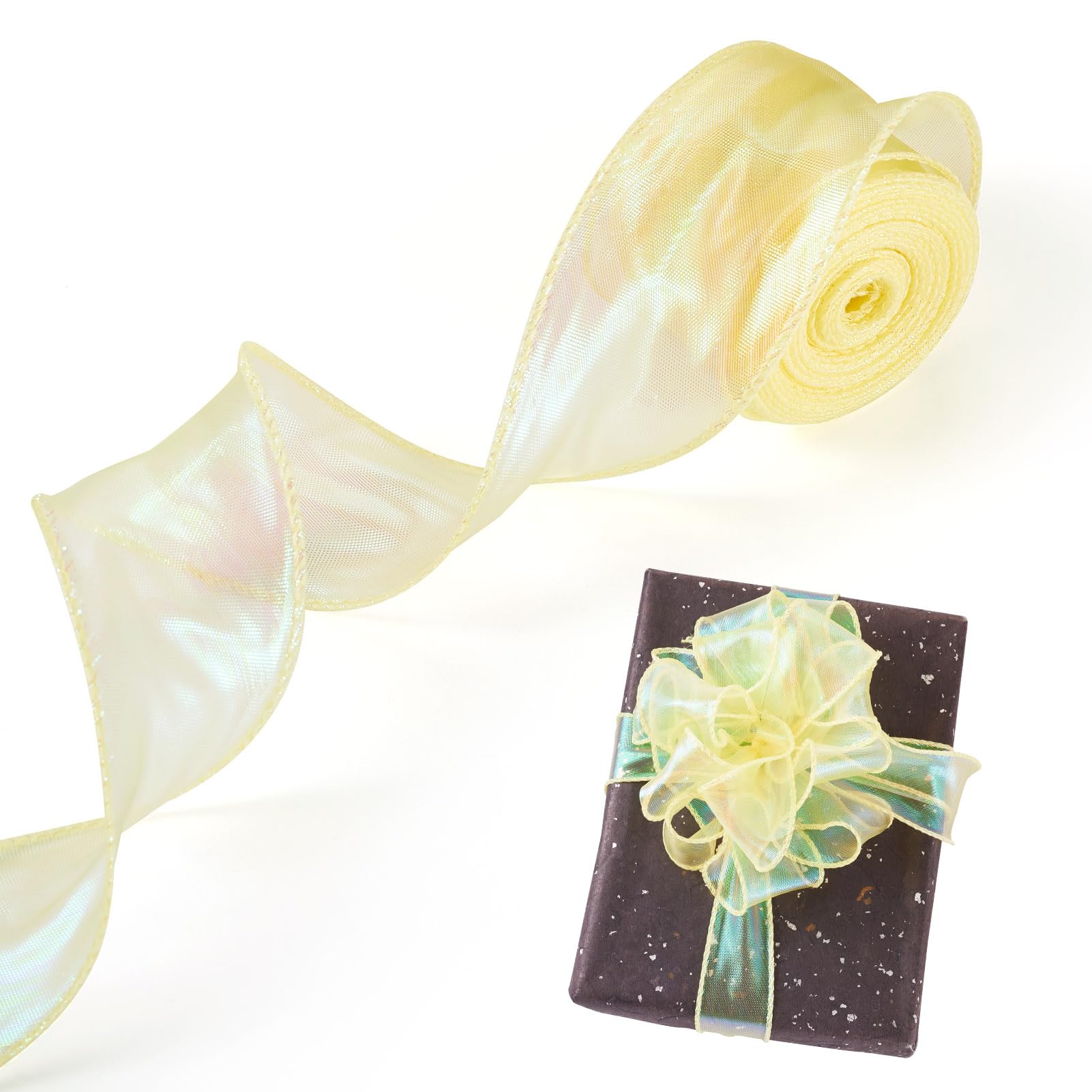 Crafans Iridescent Ribbons - 10 Yards Yellow Shimmer Sheer Polyester Fishtail Chiffon Organza Trim Fabric Pearly for Bowknot Flower Gift Wrapped