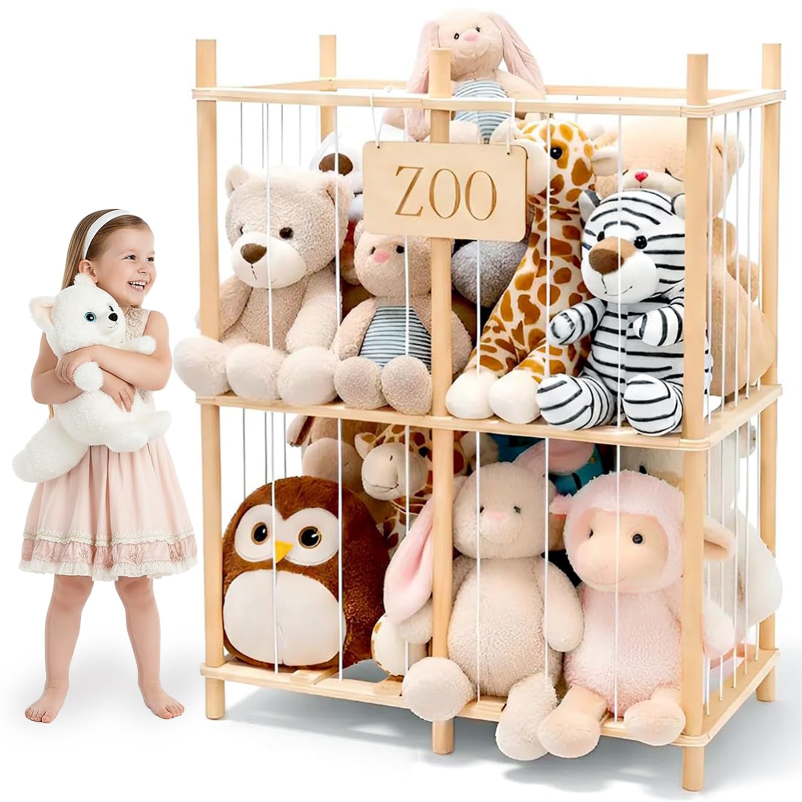 aiwo Wooden Stuffed Animal Storage Organizer for Kids, Soft Toy Storage with Elastic Bands, Zoo Plush Toy Holder for Nursery, Kids Room & Playroom