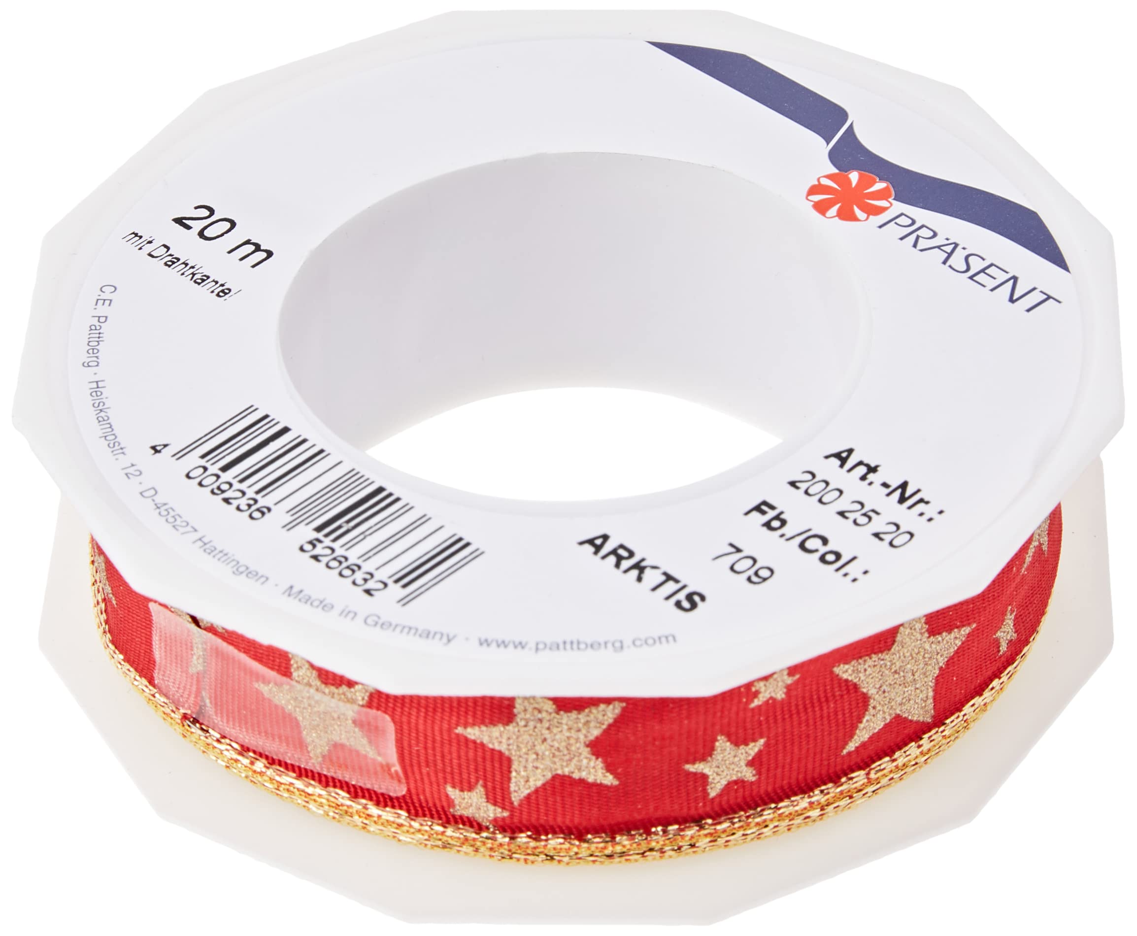 PRÄSENT - Arktis Wired & Printed Ribbon Red-Gold 25 mm width, 20 m length — image 1