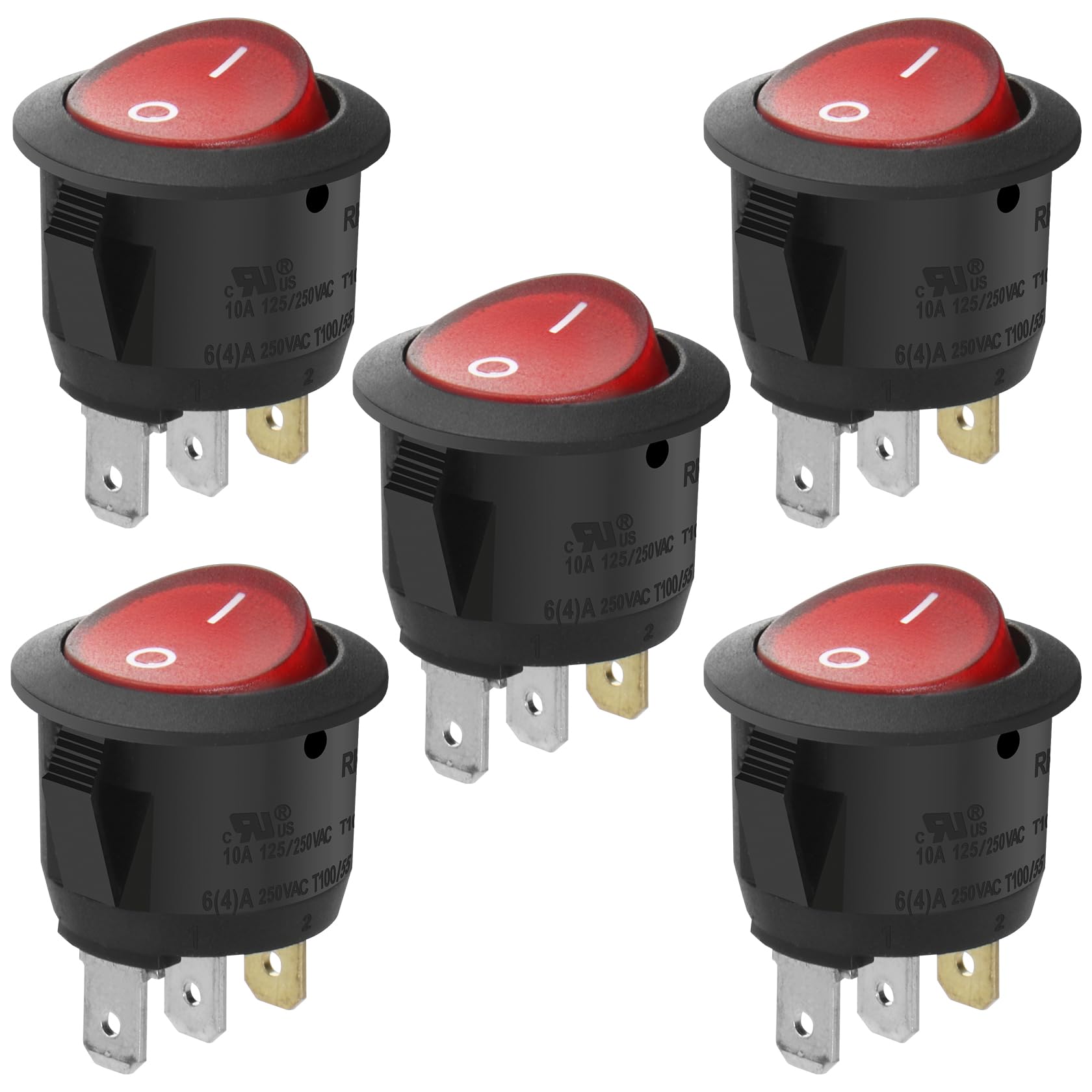 Heschen Round Rocker Switch, RK2-13, ON-OFF, SPST, 3 Terminals, Red light, 10A 250VAC, 5Pack