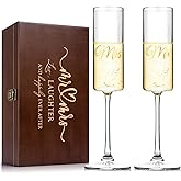 Mr and Mrs Champagne Flutes Set of 2, Crystal Bride and Groom Champagne Glasses, Engagement Bridal Shower and Registry Gifts for Couple Newlyweds, Wedding Anniversary Toasting Glasses with Wooden Box