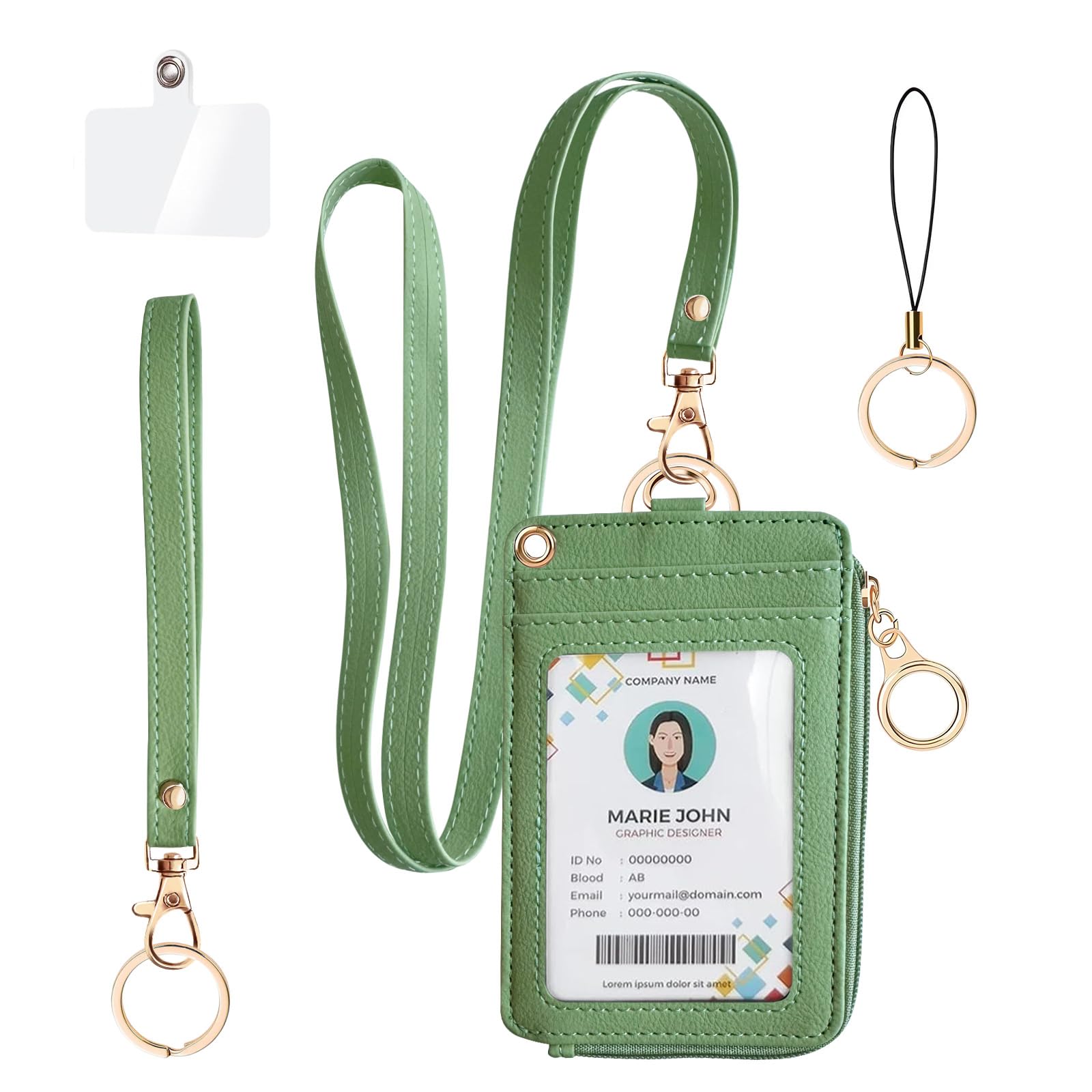 bolimoss 2-in-1 ID Badge Holder & Lanyard Wallet for Women Teacher, PU Leather ID Badge Wallet Case with Detachable Wristlet & Neck Lanyard, Clear Window, 5 Card Slots, 1 Side Zipper Pocket, Green