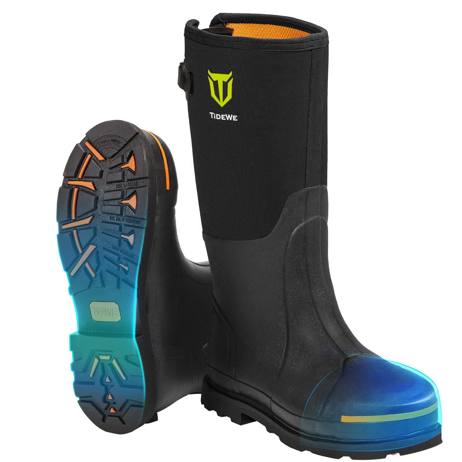 Photo 1 of TIDEWE Rubber Work Boot for Men with Steel Toe & Shank, Waterproof Anti Slip Hunting Boot, 6mm Neoprene Hunting Boot for Manufacturing, Construction, Farming, Black, Size 7