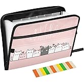 Cute Kitty Cat Pink Expanding Accordion File Folder with 13 Pockets, Sticky Labels & Zipper Closure