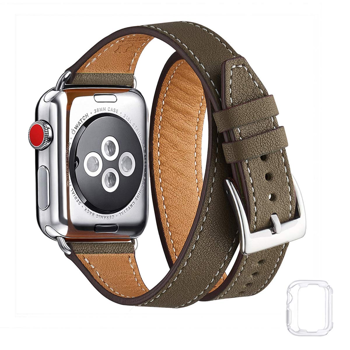 Bestig Band Compatible for Apple Watch 42mm 44mm, Genuine Leather Double Tour Designed Slim Strap for iWatch Series 6 SE 5 4 3 2 1(Camel Brown Band+Silver Adapter, 42mm 44mm)