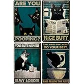 Rosjoy 4PCS Funny Cat Bathroom Decor, Black Cat Wall Art “Are You Pooping?” 12×8 Inches Vintage Metal Sign, for Public Restroom, Apartment, Farmhouse Bathroom Deco