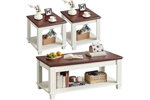 SAVOR LIFE Farmhouse Coffee Table Set of 3, Rustic Wood 3 Piece Coffee and End Table Sets with Open Shelf for Living Room, White