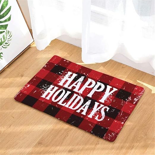 Happy Holiday Red Buffalo Check Plaid Door Mat Indoor