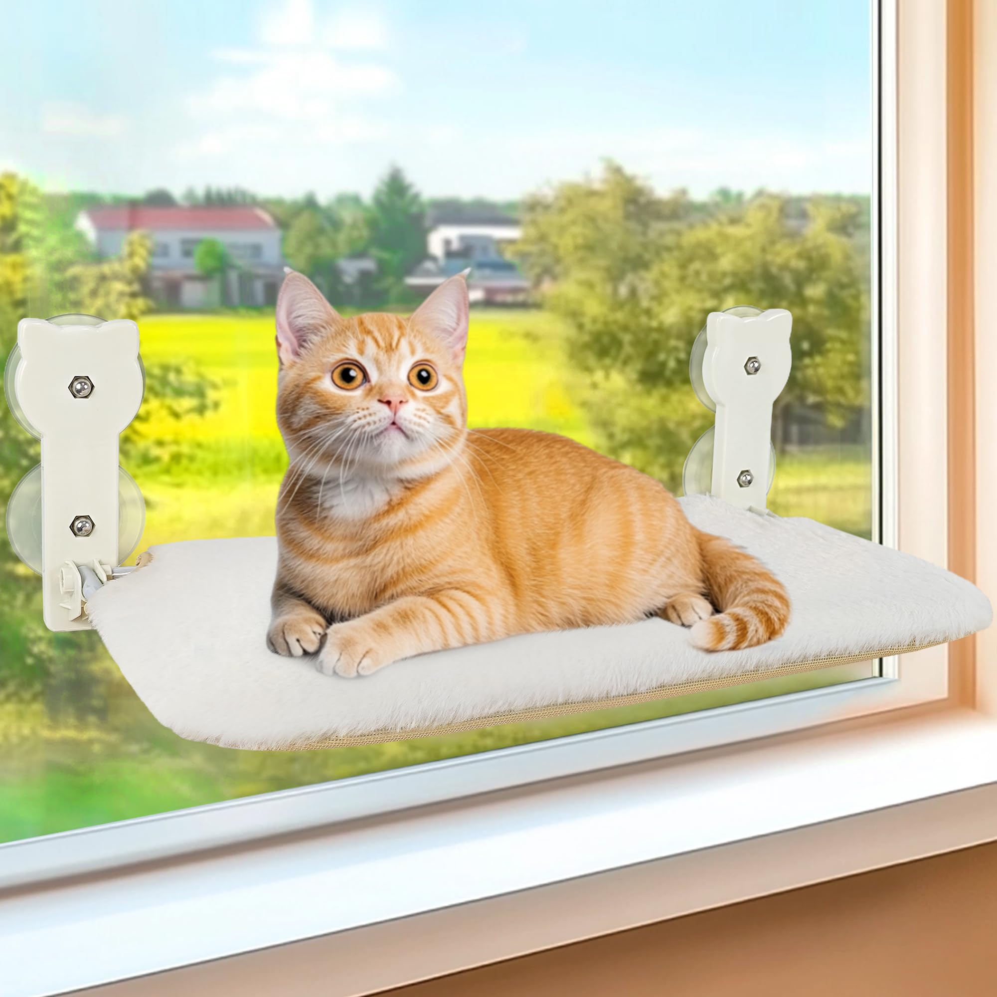Photo 1 of Peyela Cat Window Perch, Cat Window Hammock with Powerful Suction Cup,Sturdy Metal Frame Window Seat for Cats Kitty,Foldable Reversible Soft Furry Cover Cushion Bed