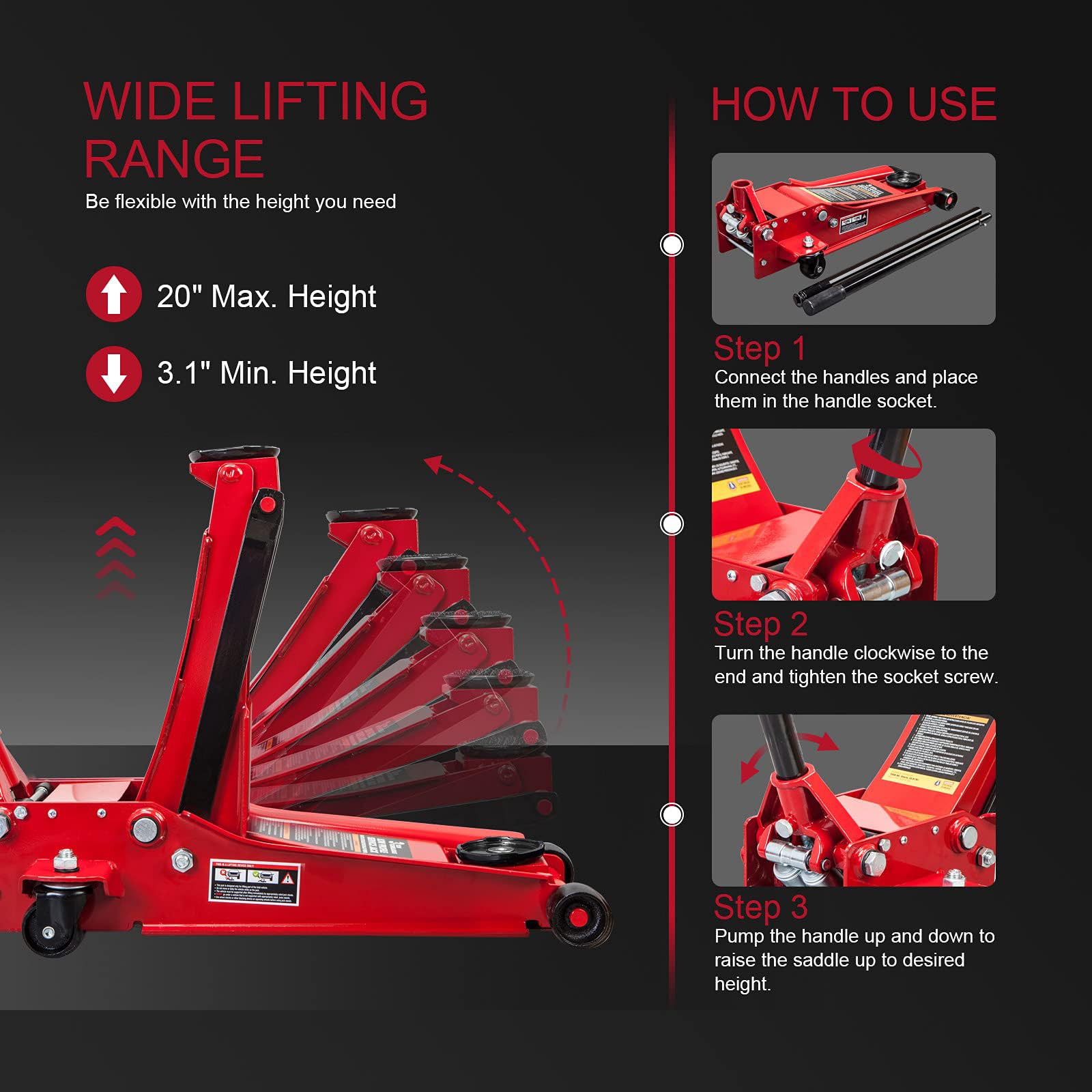 BIG RED ATZ830026XR Torin Hydraulic Ultra Low Profile Heavy Duty Steel Service/Floor Jack with Dual Piston Quick Lift Pump, 3 Ton (6,000 lb) Capacity, Red