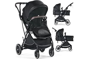 TODEFULL Baby Stroller, 3 in 1 Folding High Landscape Infant Stroller & Convertible Bassinet Pram for Newborn, Portable Baby Carriage Pushchair W/Adjustable Canopy, Cup Holder, Storage Basket, Black