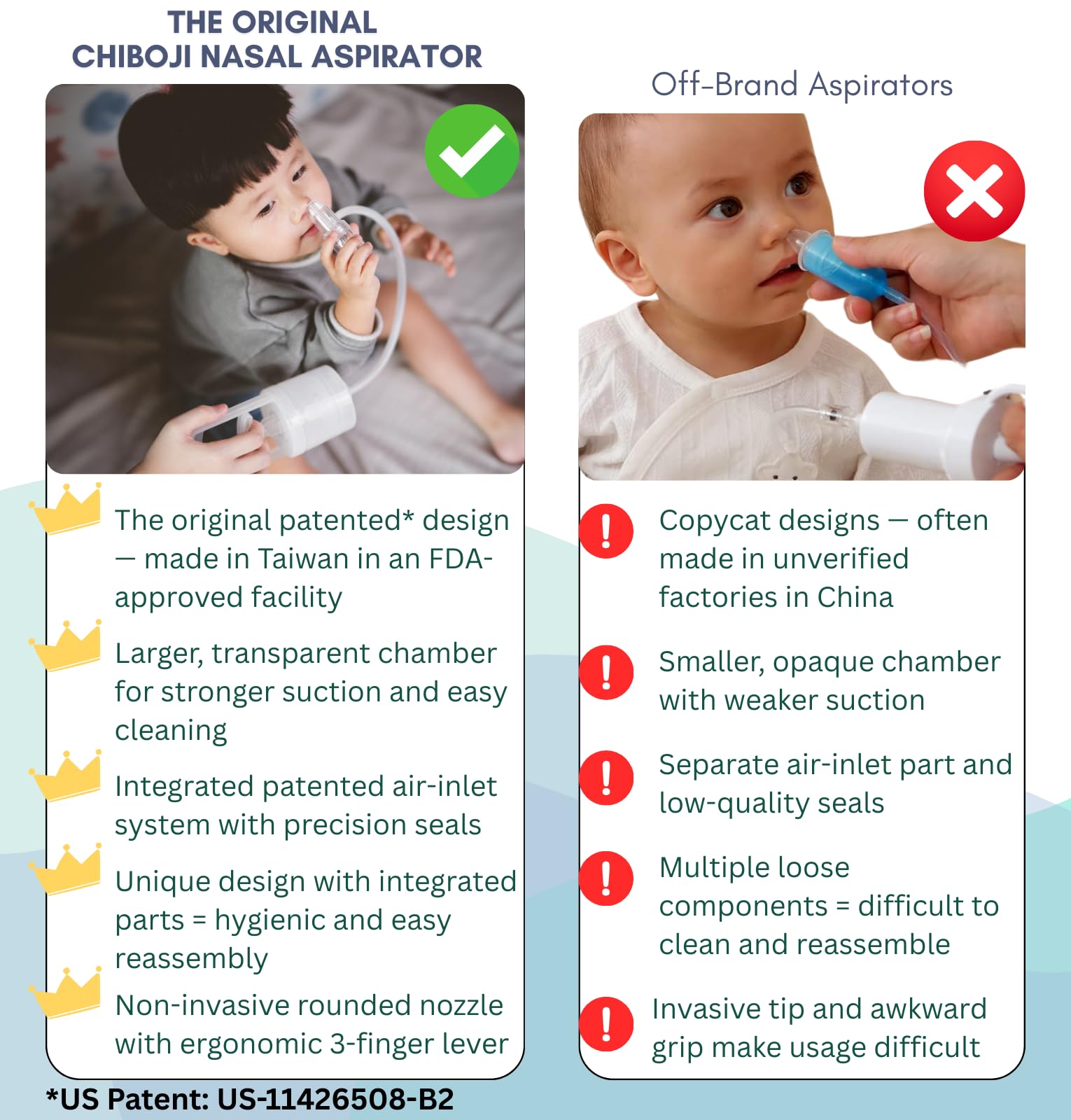 Chiboji Baby Nasal Aspirator – Powerful Hand Pump Nose Sucker | Booger Sucker with Rounded Non-Invasive Nozzle | Quiet and Strong Suction Nose Cleaner for Infants and Toddlers, Made in Taiwan