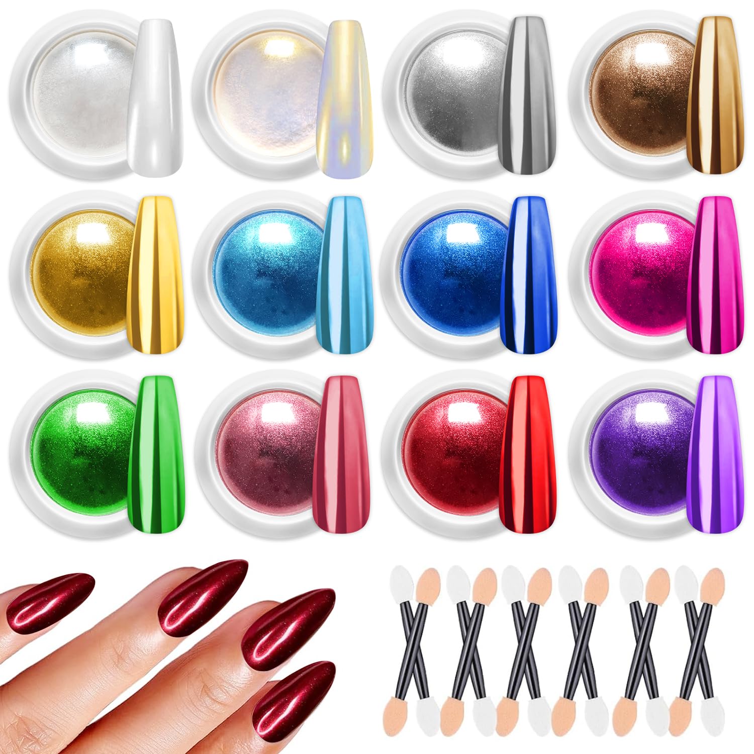 BISHENGYF 12pcs Metallic Rose Gold Chrome Nail Powder,【Newbie Friendly】 Pearl Chrome Powder, Mirror Effect Nail Glitter Chrome Pwoder for Gel DIY Manicure Nail Art Decoration Gift for Women(1g/Jar